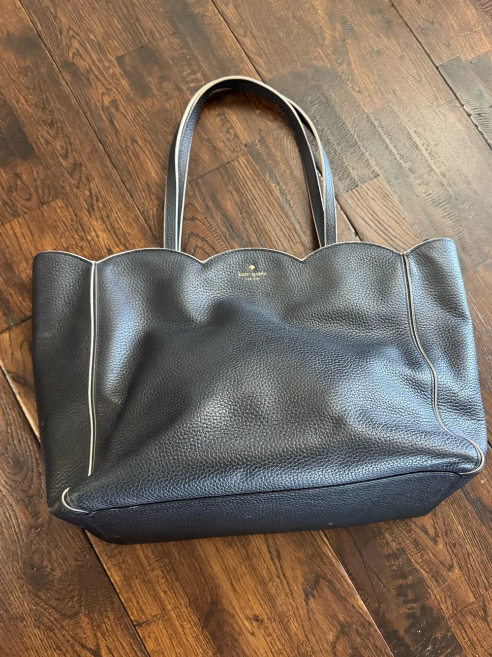 kate spade Dark Navy Pebble Leather Scallop-Top Tote with Cream Trim